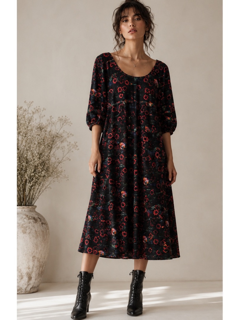 Rachel Comey Navy & Red Floral Puff-Sleeve Dark Cottagecore MIDI Dress Size 6